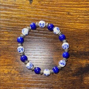 Blue and White Floral Ceramic Beaded Bracelet